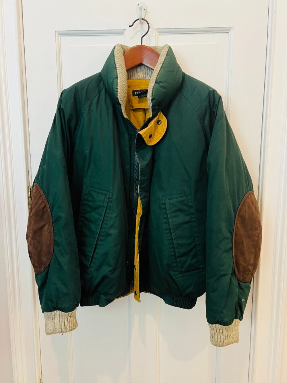 VTG Nautica Down Goose Puffer Green Leather Patches Coat Full Zip Size Large
